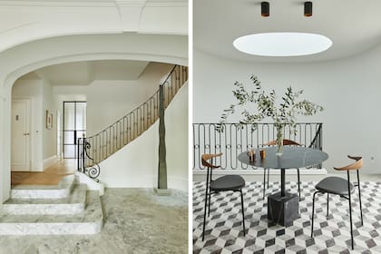 Mesa ovalada y sillas 'CH88' por Carl Hansen (Viaduct Furniture Londres). Piso en 'Rosso Levanto', 'Silver White' y 'Calacatta', diseñado por el Estudio.