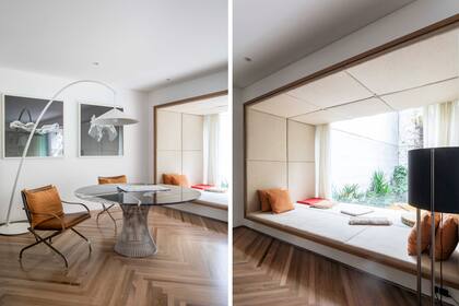 Mesa 'Platner', sillas (Gris Dimensión) y lámpara de pie ‘Bienvenida’
(Federicho Churba). Cuadros de Ezequiel Montero Swinnen. Como si fuera una ventana, a este espacio lo delimita un marco perimetral de madera.