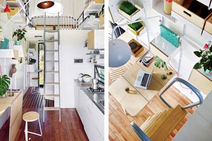 Mesa plegable (que abarca todos los usos posibles) con bancos ‘Slat’. La lámpara ‘Sweat’ de brazo móvil con interior en zinc dorado se adapta a diferentes alturas (todo de Dokter and Misses).