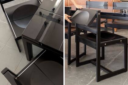 Mesa y sillas de Buró, diseño de Arnaldo Gaite, Reinaldo Leiro y Osvaldo Fauci, realizadas con partes modulares laqueado negro