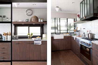 Mesada de mármol de Carrara (Mármoles Naturales), cubrecampana con perfilería de hierro y vidrios fantasía y amoblamiento de madera maciza teñida de gris (todo de Estudio Chiappori). Cortinas de Riel Americano (Taupe para Estudio Chiappori).