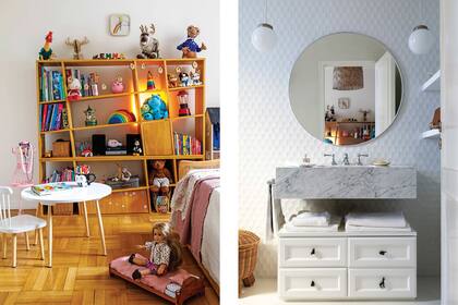 Mesada de mármol de Carrara. Mueble laqueado. Piso de microcemento alisado. Revestimiento de pared con relieve (Cortés). Bacha (Ferrum). Grifería (FV). Canasto de fibras naturales (Zara Home). Alfombra (HM Home). Toallas y toallones (Luna Deco).