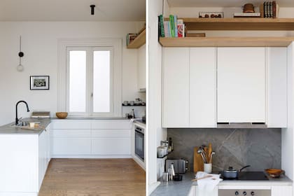 Mesada de Neolith (Itatí Marmolería). Grifería Piazza y bacha ‘Quadra’ de Johnson Acero (De Todo Sanitarios). Horno (Orbis). Anafe (Electrolux). Extractor (TST). Repasador (Lote Propio). Jabones artesanales (Saponarium). Cepillos (Orbol).