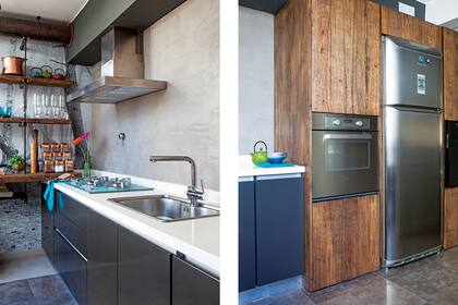 Mesada de Silestone ‘Zeus’ (Marmolería San Marco). Bacha y grifería (Franke). Anafe, horno, heladera y campana (Ariston). Frascos (Landmark). Detrás del bloque con frente de madera hay abundante espacio de guardado.
