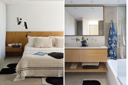 Mesada del baño (Marmotech). Alfombra (Caucus). Kimono estampado (Pezkoi Deco). Suculenta en recipiente cerámico (Pasionarias del Bajo).