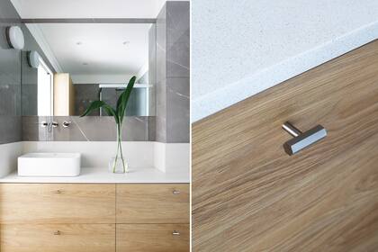 Mesada en Purastone ‘Blanco Nube’ (GL Mármoles) y bajomesada en melamina ‘Hickory’ (Egger) con tiradores metálicos (Ponthus). Porcelanato ‘Pietragrey Gold’ pulido (EnergieKer). Floreros y apliques de luz (Red Sur); bacha ‘Lea’ (Roca) y grifería de pared ‘Libby’ (FV). Espejos (Indusglass).