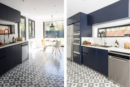 Mesada en silestone blanco. Muebles de cocina laqueados color 'In the Navy' (Sherwin-Williams).