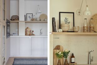 Mesada y alzada de Dekton ‘Danae’ (Canteras del Mundo). Apliques de pared 'Soho' con detalles en bronce de Apatheia, al igual que todos los utensilios y accesorios.