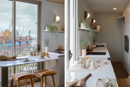 Mesadas de Silestone ‘Ethereal Glow’ trabajadas por Ragomar. Banquetas (Tamburini). Del lado de la cocina, la columna contiene múltiples alacenas y el horno (Longvie). Apliques de pared (Vint Market).