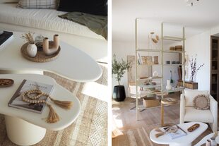 Mesas ratonas ‘Copenhague’ con accesorios. Sillón ‘Suiza’ con género bouclé de Tienda Mayor (todo de Apatheia).