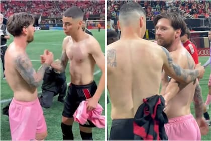 Messi, Almirón, la admiración del paraguayo y el intercambio de camisetas; debajo del hombro izquierdo de Miguel, el tatuaje de River