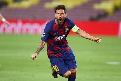 Messi, celebra su ultimo gol en Barcelona