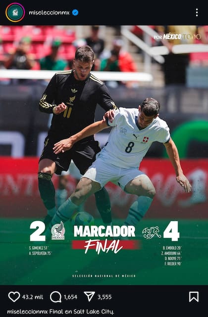 México perdió frente a Suiza, 4-2, previo a su partido con Turquía. Instagram @miselecciónmx