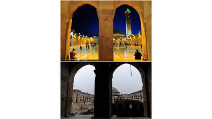 Mezquita omeya, antes de que se dañara el 12 de marzo de 2009 (arriba) y después el 13 de diciembre de 2016