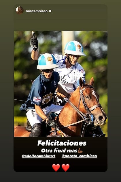 Mia Cambiaso felicitó en Instagram a su padre y a su hermano por haber alcanzado nuevamente la final del Abierto de Estados Unidos de polo.