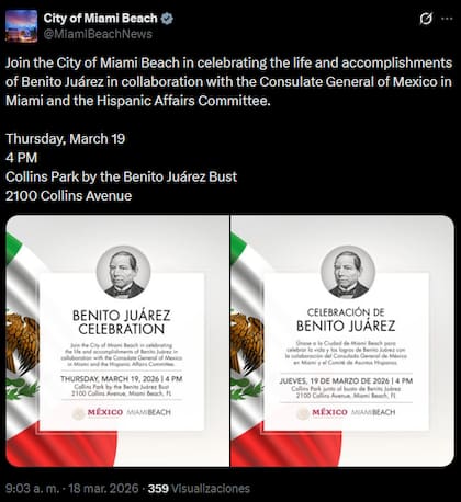 Miami Beach realizará una ceremonia en honor a Benito Juárez