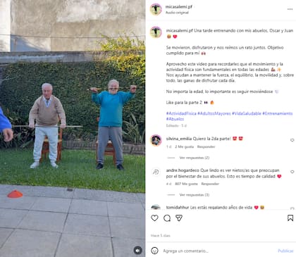 Micaela es profesora de educación física y compartió en sus redes la rutina que armó para entrenar con sus abuelos (Foto: Captura de video / Instagram @micasalemi.pf)
