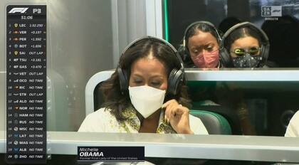 Michelle Obama en el garage de Mercedes durante el GP de Miami.