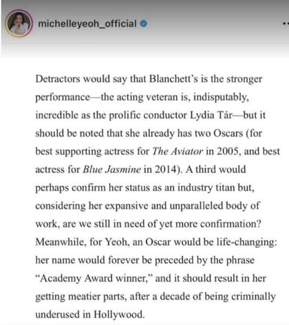 Michelle Yeoh borró su publicación después de compartirla en su cuenta de Instagram