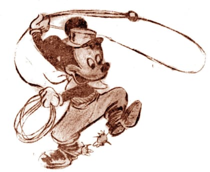 Mickey con boleadoras y espuelas, en el trazo de Disney