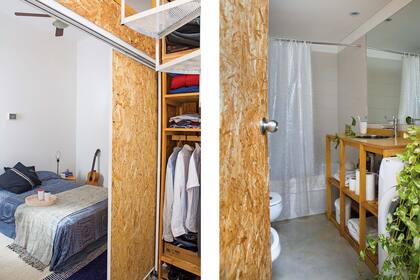 Microcemento alisado y azulejos blanco hueso revisten el baño con mesada de fenólico de guatambú laqueado (CCPM Arquitectos).