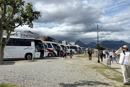 Micros de turistas afuera del puerto de Ushuaia. Las actividades funcionan con normalidad.