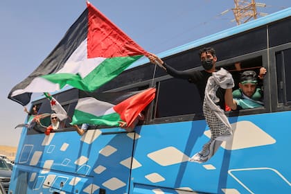 Miembros de una caravana humanitaria de al menos 1500 personas, incluidos activistas y partidarios de Argelia y Túnez, ondean banderas palestinas desde un autobús mientras el grupo viaja hacia Gaza, en una ruta al cruce de Rafah en Egipto, en Zawiya, Libia, el martes 10 de junio de 2025. (AP Foto/Yousef Murad)