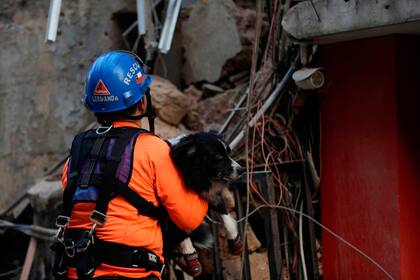 Un miembro del equipo chileno de rescate con el perro especializado en búsqueda de personas, en Beirut