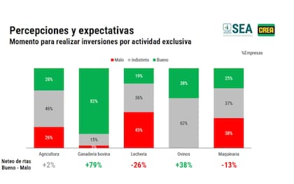 Mientras la ganadería bovina muestra un saldo neto positivo de más de 79% en la percepción de inversión, la lechería presenta un resultado negativo de menos de 26% y la maquinaria agrícola también se mantiene en terreno adverso, con -13%