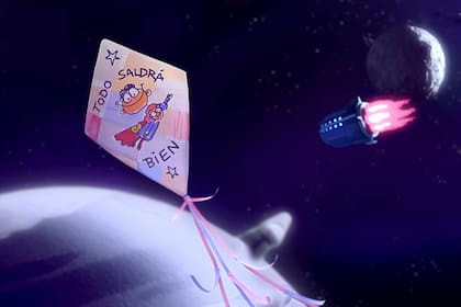 Mientras miraban al cielo, apareció aquella hermosa cometa hecha de mascarillas con la figura de la abuela y una pequeña frase que decía “todo saldrá bien”