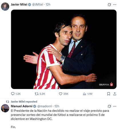 Milei compartió una imagen histórica de Carlos Bilardo y Osvaldo Zubeldía en sus redes sociales para ratificar su apoyo a la gestión de Juan Sebastián Verón frente a la AFA (X: JMilei)