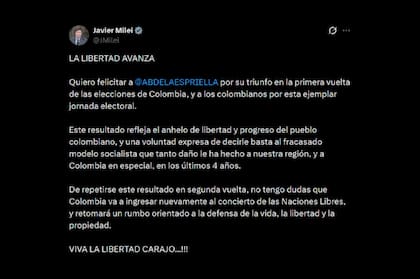 Milei felicitó a Abelardo de la Espriella por el resultado de la primera vuelta en Colombia