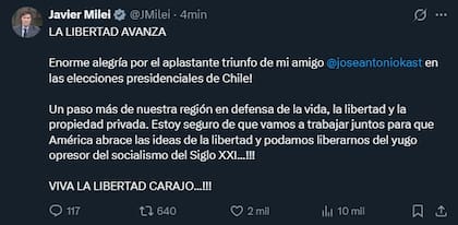 Milei festejó la victoria de su "amigo" José Antonio Kast