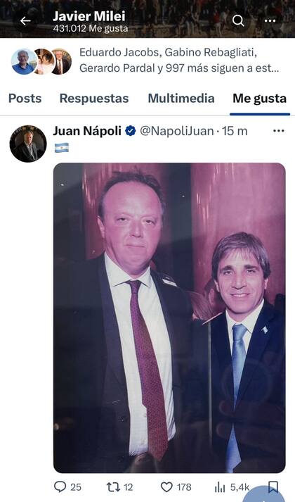 Milei le puso "Me gusta" a un tuit de Nápoli con Caputo