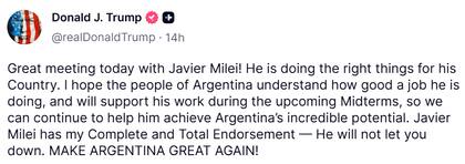 "Milei tiene mi respaldo total y absoluto", escribió el presidente estadounidense (Truth Social, Donald Trump)