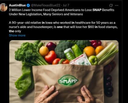 Millones de estadounidenses serán afectados por los recortes a SNAP. X / @MakeTexasBlue22