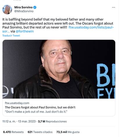 Mira Sorvino, ganadora del Oscar, reclamó la ausencia de su padre en el homenaje
