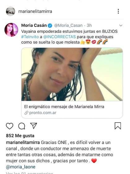 La respuesta de Mirra a Moria en Instagram