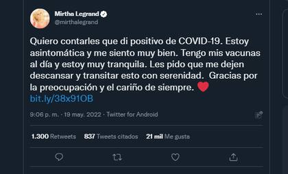 Mirtha Legrand anunció que es Covid positivo (Foto: Captura Twitter/@mirthalegrand)