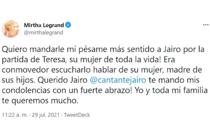 Mirtha Legrand le envió sus condolencias a la familia de Jairo