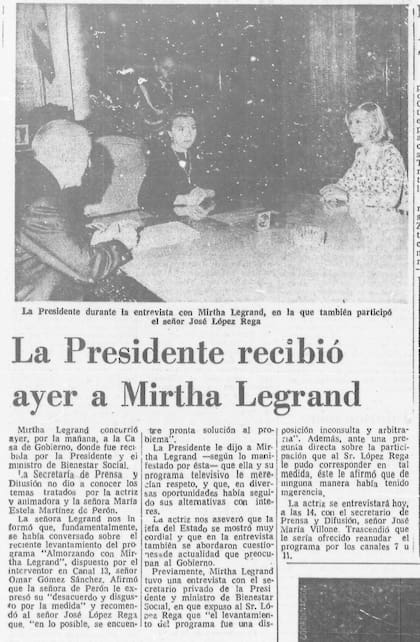 Mirtha se reúne con la presidenta y con López Rega: la noticia, en las páginas de LA NACION
