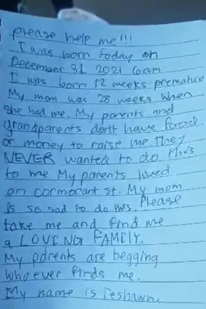 "Mis padres y mis abuelos no tienen comida ni dinero para criarme", dice una de las líneas más desgarradoras de la carta dejada junto al bebé abandonado