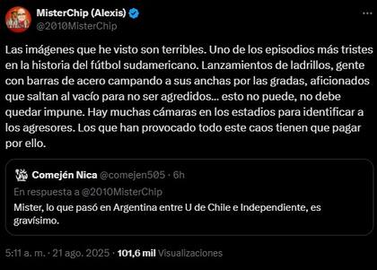 MisterChip se refirió a los brutales incidentes ocurridos en el encuentro de Independiente y Universidad de Chile