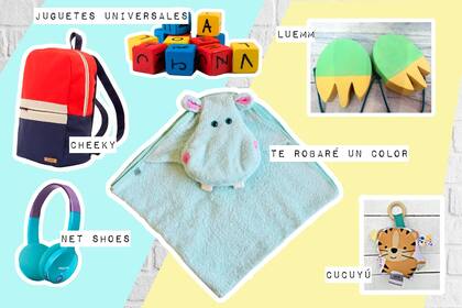 Mochila de cheeky $629 / Bloques letras de Juguetes universales $206 / Zancos de madera con cuerdas ajustables para practicar el equilibrio de Luemm $280 / Toallón de Te robaré un color $515 / Auriculares para ni?os Bluetooth con volumen seguro de Netshoes $979 / Sonajero de Cucuyú $160
