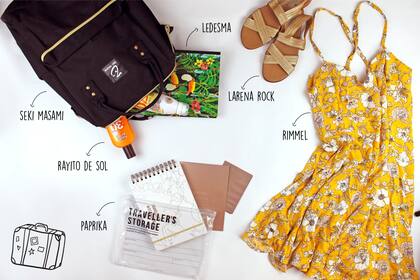 Mochila viajera $1200 de Seki Masami / Cuaderno $100 de Ledesma / Protectores de Rayito de Sol / Sandalias $680 de Larena Rock / Vestido $728 de Rimmel / Travel Kit $410 de Paprika