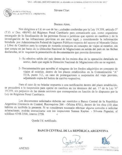 Modelo de carta enviado por el Banco Central a compradores de dólares para turismo