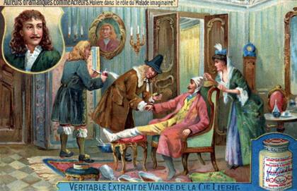 Molière como Argan en su obra 'El enfermo imaginario'. La ilustración pertenece a una serie de cartas coleccionables de 1921.