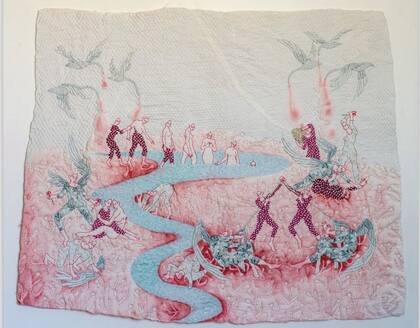 "Momento bautismal", pieza textil de Nicole Mazza vendida en Pinta Miami por la galería Crudo