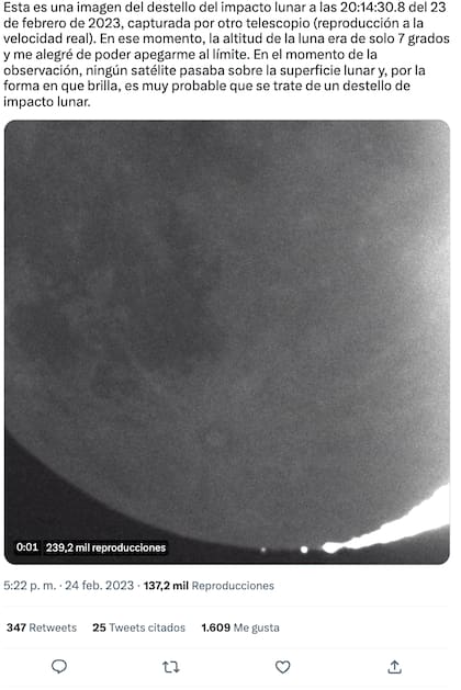 Momento del destello tras la colisión del meteorito en la Luna