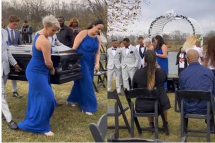 Momento en que el ataúd entra a la celebración de matrimonio (Foto: TikTok: @tobz88)